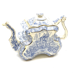 A Victorian Burgess and Leigh Aesthetic style blue and white teapot, decorated with an Indian hunting scene and heightened with gilt to edges, H17cm. 
