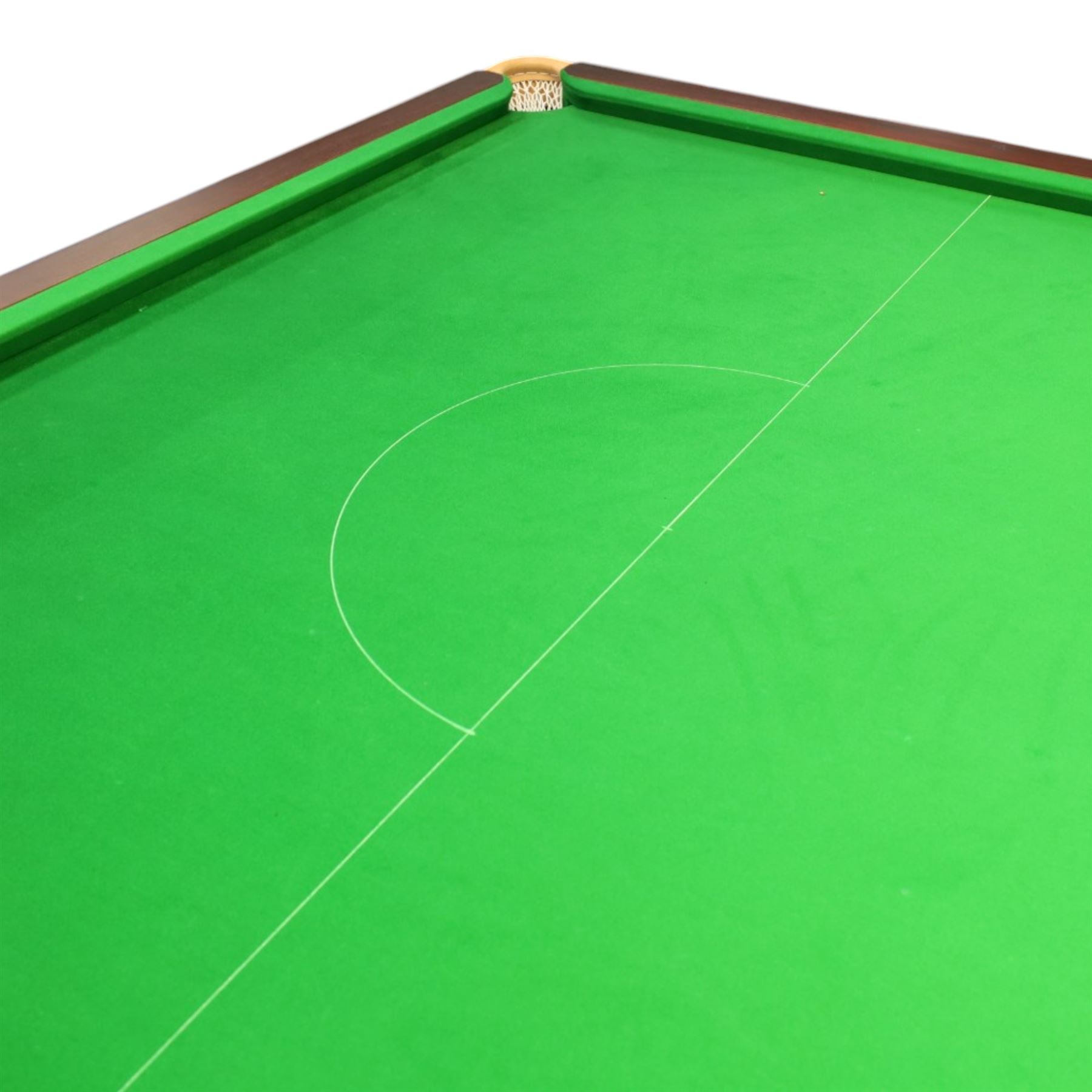 Riley England - full size snooker table, traditional timber framed table fitted with green baize cloth, leather drop pockets, turned legs with stretcher bars, slate bed; with accessories to include, cues and stand, rests, ball, iron, brush and cover