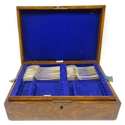  Edwardian part canteen of silver rat tail cutlery by Josiah Williams & Co, London 1909, comprising twelve large soup spoons, ten dinner forks, eleven dessert spoons, ten dessert forks and two sauce ladles approx 86oz in oak canteen box  