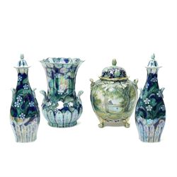 Pair of Keeling & Co Losol  ware lustre vases and covers of square spreading form decorate...