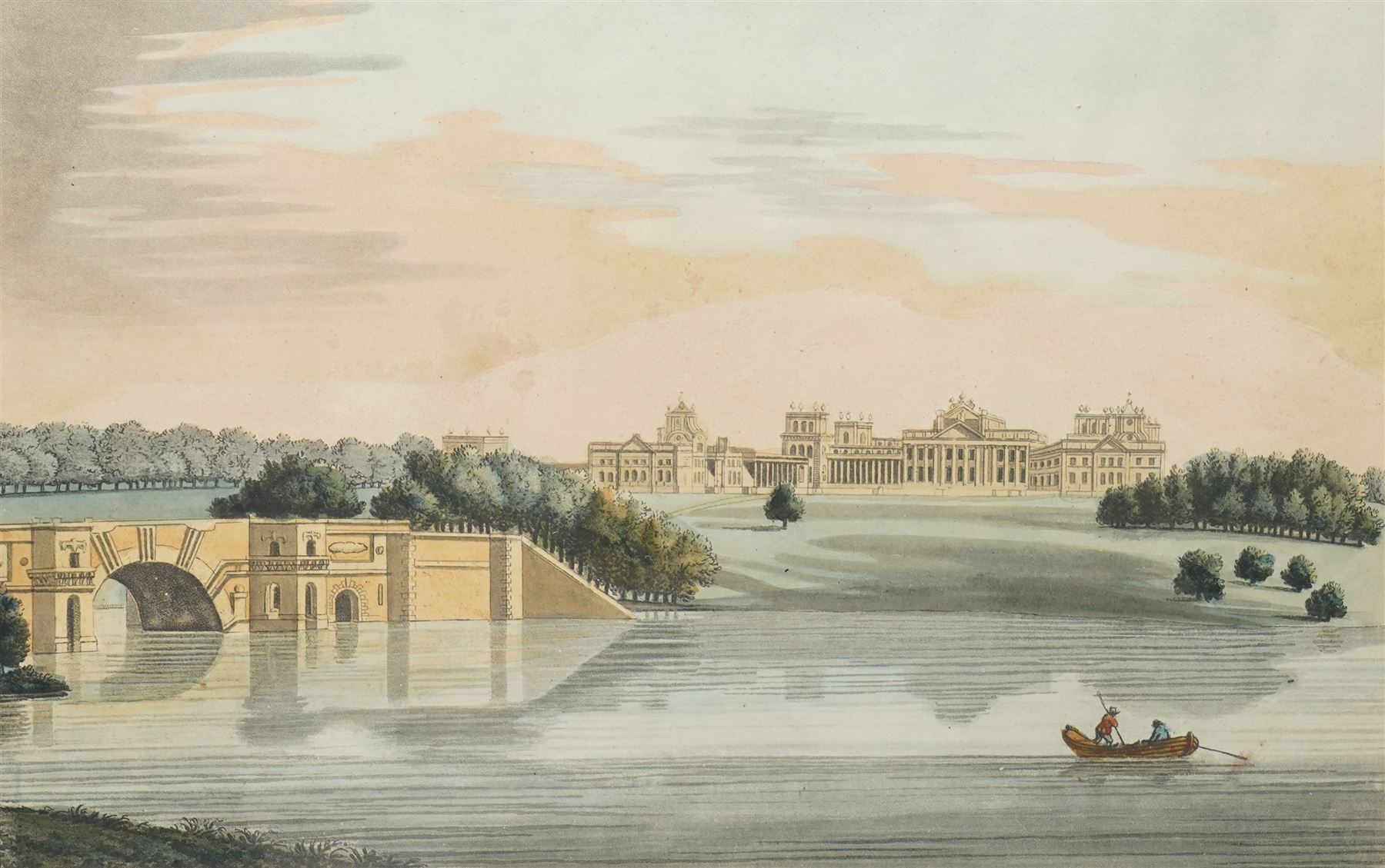 Joseph Constantine Stadler (British 1755-1828) after Joseph Farington RA (British 1747-1821): 'Blenheim', 'Petworth', 'Pope's House', and 'View from Nuneham', set of four late 18th century aquatint engravings with hand-colouring pub. 1793, 22cm x 33cm (4)