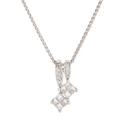 18ct white gold pave set princess cut and round brilliant cut diamond pendant necklace, hallmarked, total diamond weight approx 0.50 carat