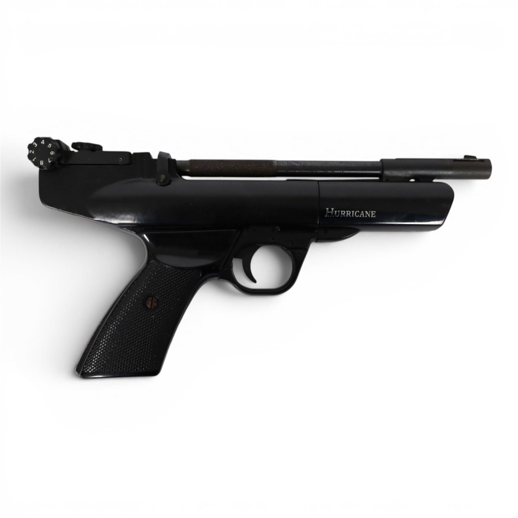 Webley Hurricane .177 air pistol, the chamber marked 'Hurricane' and 'Webley & Scott Ltd. Birmingham England' beneath, with front hooded sight and black checkered grip, H14cm, L28cm