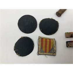 WW1 Short & Mason Ltd 'The Magnapole' black japanned brass field compass in leather carrying case; WW1 trench art paper knife inscribed Dixmude; and small quantity of cloth badges etc