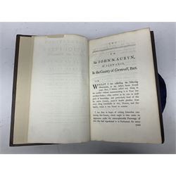 William Borlase; Observations on the Antiquities Historical and Monumental of the County of Cornwall, 1754, printed by W. Jackson, High Street, Oxford, leather bound iwth gilt detailing and lettering to spine