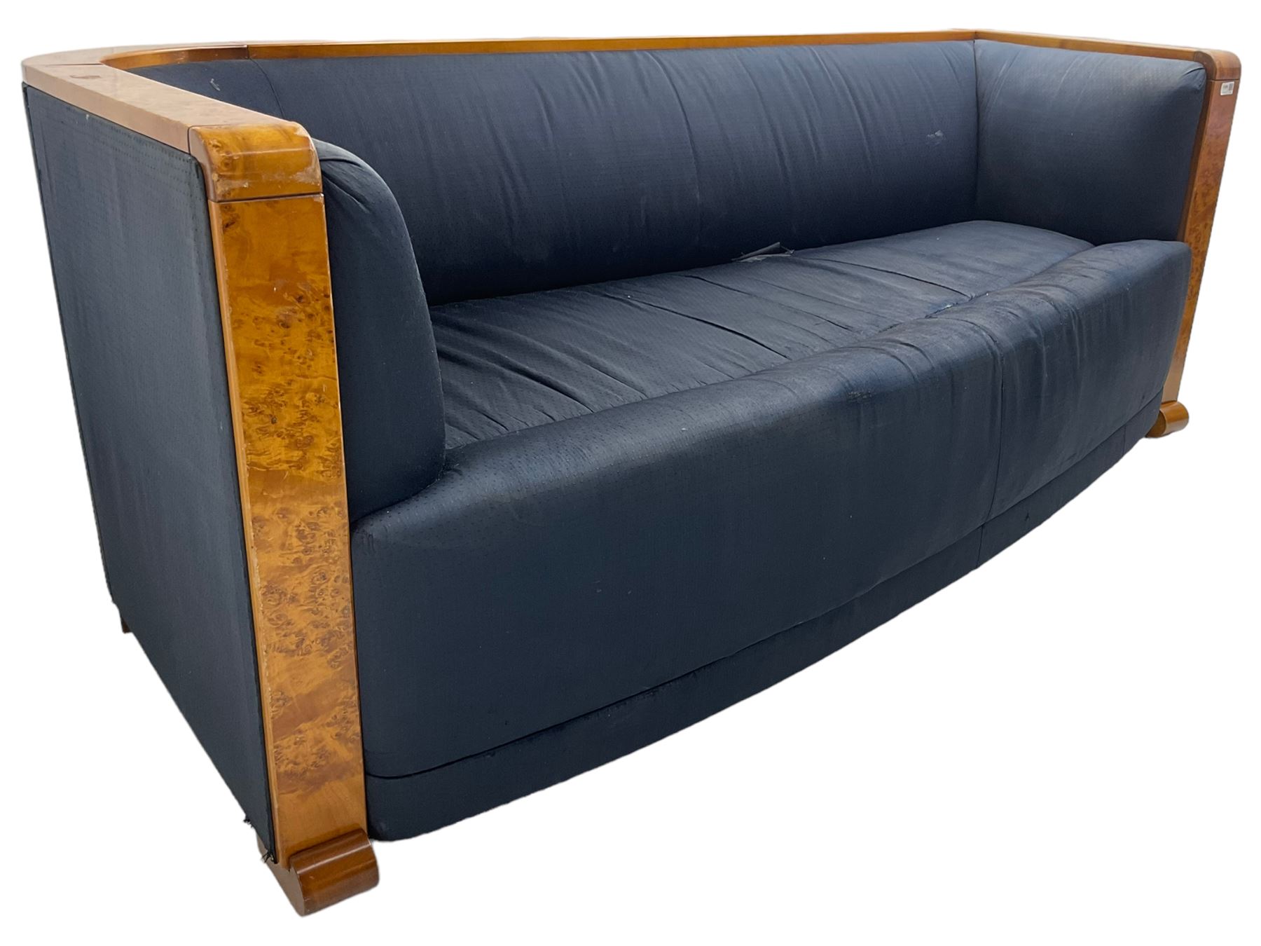 Thormer Polstermobel - Art Deco design three seat sofa, of curved tapering form, upholstered in midnight blue fabric, framed in figured burr elm