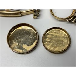 Victorian and later 9ct gold jewellery including glazed photo pendant, three gold cased wristwatches, signet ring and a cameo brooch, all hallmarked and silver jewellery including fobs, wristwatch, brooches and rings etc 
