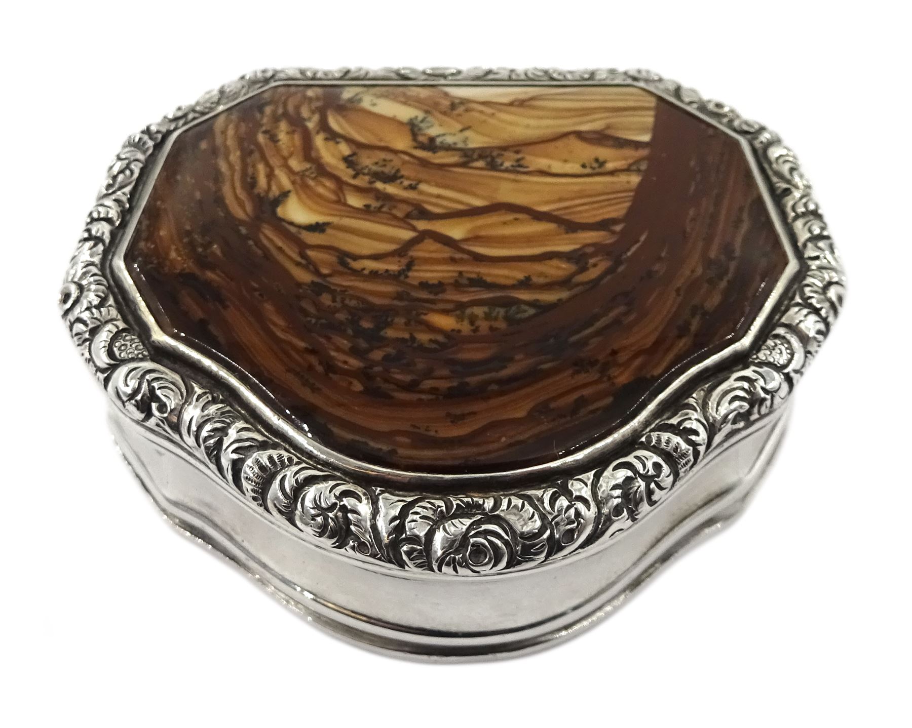 George III silver and agate snuff box, the base, engraved floral border and engine turned base with engraved monogram by Joseph Willmore, Birmingham 1797