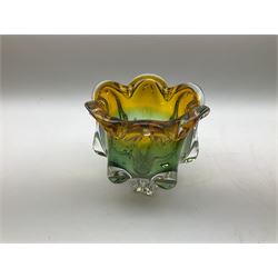 Signed Mdina blue glass vase with flared rim, signed Mdina bowl, together with amber glass tulip vase and amber and green glass bowl.  