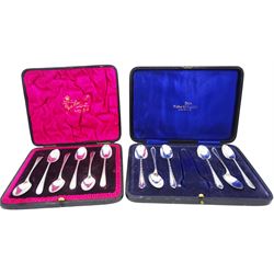 Set of six Victorian silver teaspoons with bright cut type edge, hallmarked Thomas Bradbury & Sons, London 1894 and 1895, contained within a fitted case with pink silk and burgundy velvet lined interior, together with a set of six early 20th century silver teaspoons with bead and dart edge, hallmarked Walker & Hall, Sheffield 1923, containing within a fitted case with royal blue silk and velvet interior detailed 'Walker & Hall Sheffield', approximate total silver weight 4.75 ozt (148 grams)