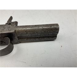 Mid 19th century double barrel percussion muff pistol, joined 7cm octagonal barrels with walnut stock19cm overall; a matching single barrel muff pistol 17cm overall (2)