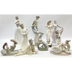 Collection of seven Lladro figures, including Seated ballerina with swan 6204, Childhood Dream 8129, Dancer 5050, reclining clown with ball alongside a selection of other figures. 
