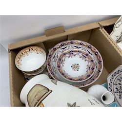 Denby Greenwheat pattern dinner wares, together with Royal Doulton Tumbling Leaves pattern tea and dinner wares, Royal commemorative ceramics including Wedgwood Jasperware table lighter, pair of Victorian glass hand painted vases, large blue and white urn with lid, Noritake part tea set, Staffordshire style dog and other ceramics and collectables, in boxes