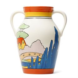 Wedgwood Bizarre by Clarice Cliff, twin-handled Lotus Jug, Orange Roofed Cottage, hand painted based upon an original, boxed, H31cm