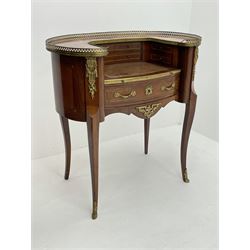 Mid 20th century Kingwood, walnut and rosewood Bureau de Dame writing desk, kidney shaped with raised gilt metal gallery, drop centre fitted with a sliding top with leather inset and a series of small drawers, one long drawer below, cabriole supports, with gilt metal mounts and fittings