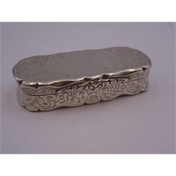 Victoria silver snuff box, of oblong form with shaped edges, engraved with personal inscription to the hinged cover, and foliate decoration to cover, sides and base, opening to reveal a gilt interior, hallmarked Alfred Taylor, Birmingham 1855, L8.5cm, approximate weight 2.66 ozt (82.7 grams)