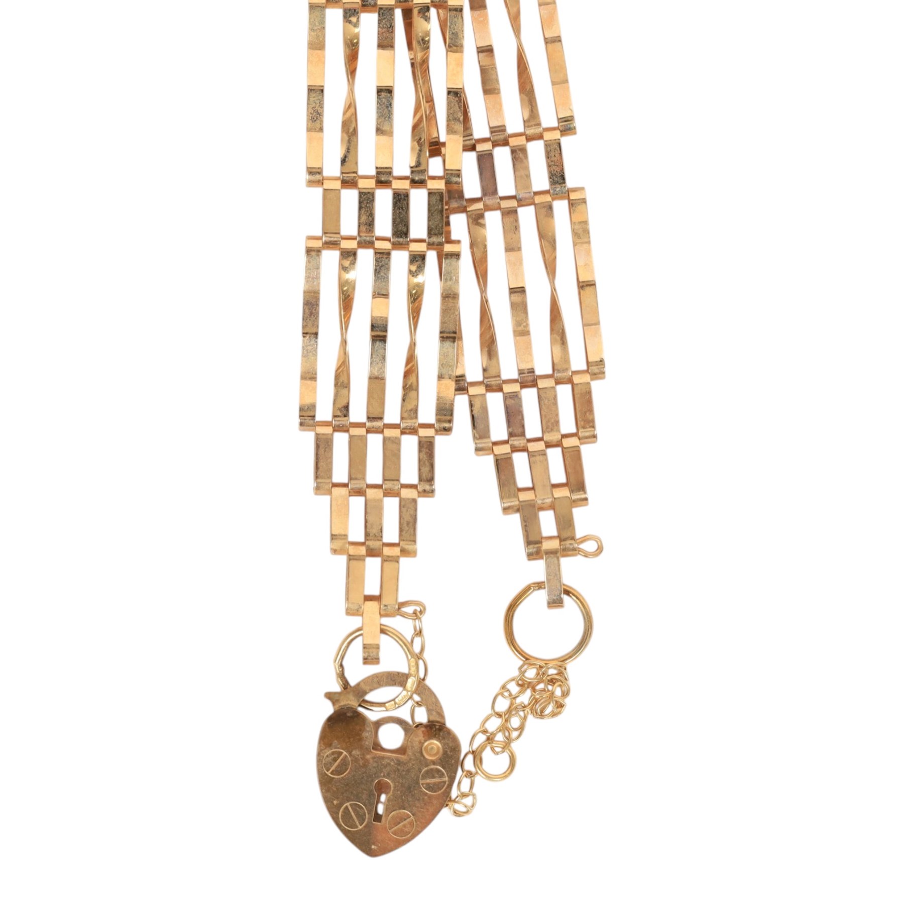 9ct gold five bar gate bracelet, with heart clasp, hallmarked