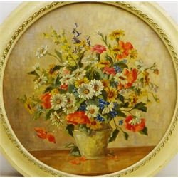  Still Life of English Wild Flowers, 20th century circular oil on board unsigned D49cm  