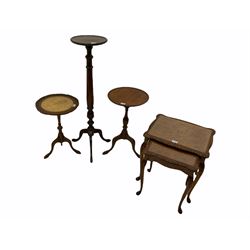 Mahogany plant stand and two wine tables and walnut nest of tables (4)