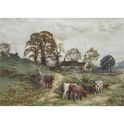 Frederick James Knowles (British 1874-1931): Calves by a Farmstead, watercolour signed 29cm x 40cm