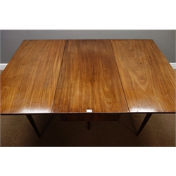  George III mahogany dining table, rectangular moulded drop leaf top, square tapering supports, 112cm x 164cm, H74cm  