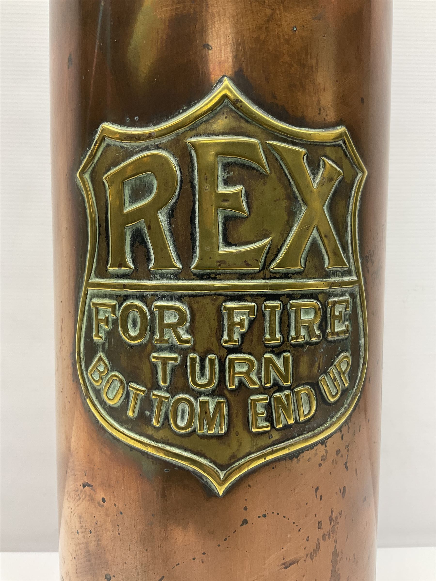 Early 20th century copper and brass Rex fire extinguisher, H55.5cm