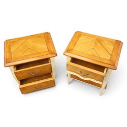 AM Classic - Louis XV design cherrywood bedside chests, one with three drawers and one with one drawer and full length undertier, shaped white supports