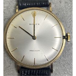 Rolex Precision gentleman's 9ct gold manual wind presentation wristwatch, 17 jewel movement, Cal 1225, silvered dial with baton hour markers, case No. 90150, London 1971, on original leather strap and gilt Rolex buckle, boxed with papers