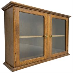 20th century low oak and glazed bookcase, double cupboard enclosing two shelves