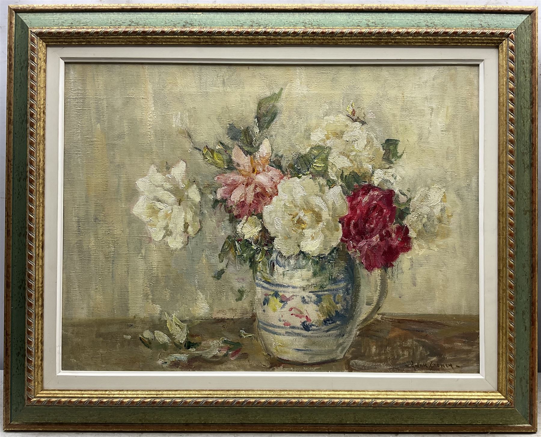 Owen Bowen (Staithes Group 1873-1967): Still Life of Red and White Roses in a Jug, oil on canvas signed 45cm x 60cm