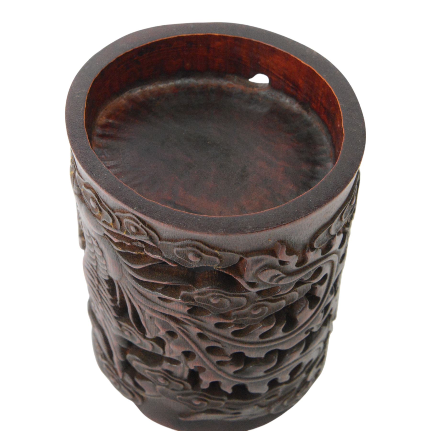 Carved brush pot, decorated with dragon and ho ho bird, H17cm