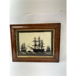 19th century monochrome ship silhouette, reverse painted on glass, within Verre Eglomise border inscribed 'HMS Royal Sovereign 100 Guns Vice Admiral C.Collingwood', in a birds eye maple frame, painting H31cm, W41cm