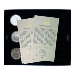 Five Queen Elizabeth II United Kingdom one ounce fine silver Britannia two pound coins, dated 2006, 2007 2008, 2009 and 2010, with Westminster certificates