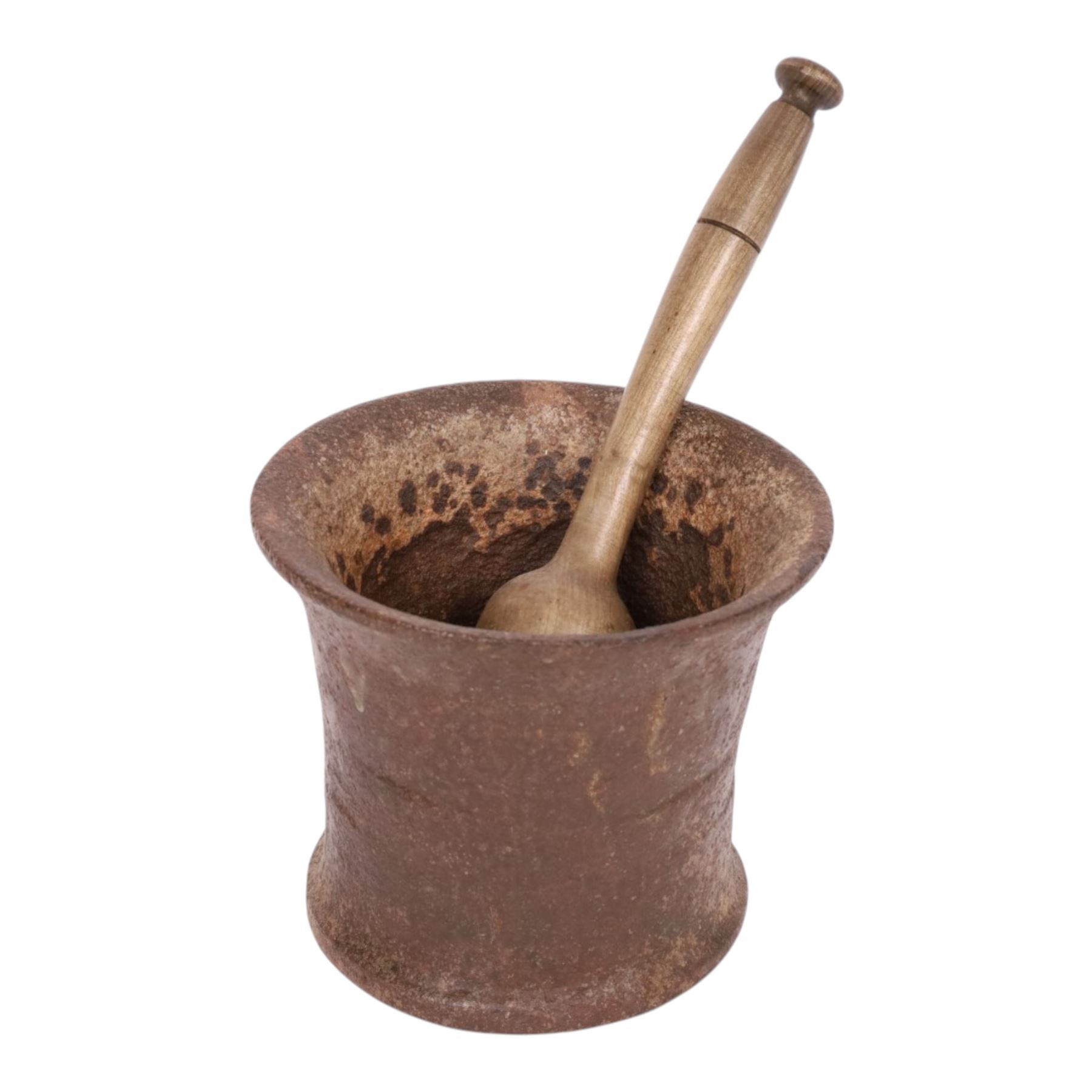Early 19th century cast iron mortar, with turned wooden pestle, mortar H18, D23cm 