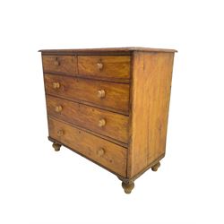 Late 19th century waxed pine chest, fitted with two short over three graduating drawers, on turned feet