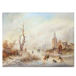 Mária Toldy (Hungarian 1939-) after Fredrik Marinus Kruseman (Dutch 1816-1882): Woodland Ice Skating Scene, pair of oils on panel signed 19cm x 25cm (2) (unframed)