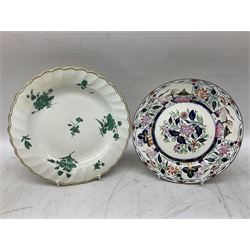Mid 18th century Chelsea plate with gold anchor mark beneath, decorated with green floral sprays upon plain ground, the moulded cavetto shaped border with gilt rim, (A/F), D22cm, together with early 20th century Adams Tunstall Tokio pearlware slop bowl, Spode plate decorated in the Imari type pallette, with impressed and printed marks beneath, 19th century Indian Tree pattern breakfast cup and saucer, small polychrome enamelled vase and cover in the style of Samson of Paris, with marks beneath, and a pastille burner