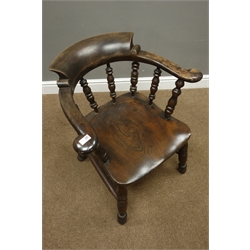  19th century elm smokers bow armchair, spindle back, turned supports with H stretcher    