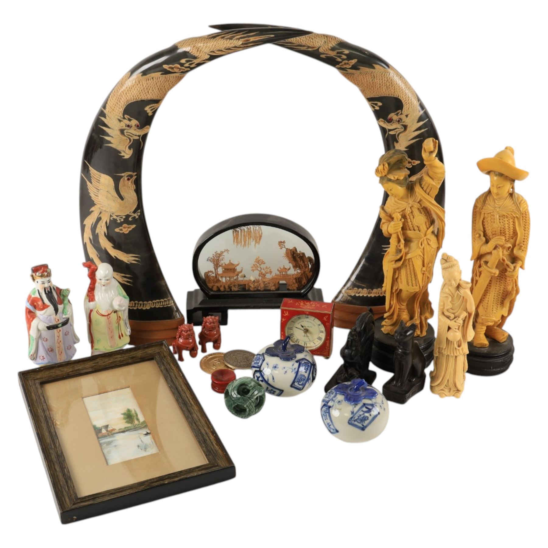 Pair of carved horns, decorated with dragons and birds, together with ceramic figures and other collectables 