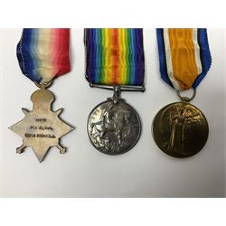 WW1 trio of medals comprising British War Medal, Victory Medal and 1914-15 Star awarded to 110076 Pte. J. Long Oxf. & Bucks. L.I. with post-war certificates of issue; together with bronze memorial plaque to James Long in envelope and card cover with George V message