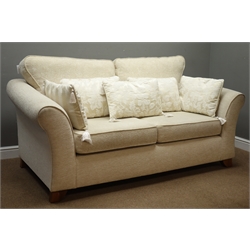  Three piece lounge suite three seat sofa upholstered in cream fabric (W190cm, D101cm), and matching pair armchairs (W94cm)   