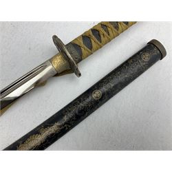 Reproduction Japanese katana with 63cm slightly curving fullered steel blade, ornate tsuba, cord bound grip and gilt transferred black saya L92cm; and two fencing foils, one marked Leon Paul (3)