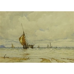  Albert Ernest Markes (British 1865-1901): Fishing Boats coming in to the Beach on the Waves, watercolour signed 34cm x 48cm Provenance: illustrated in 19th century watercolours Adrian Vincent pp.73  