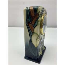 Moorcroft mantel clock, decorated in Bulrush and Water Lily pattern, with impressed and printed marks beneath, H15.5cm