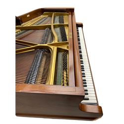  Antonin Petrof - Walnut overstrung baby grand piano, 7 0catve 85 key compass with original strings, tuning pins, damper felts and hammer heads, with roller keyboard action and iron frame, sustaining and una-corda pedals, sliding open lattice music desk, supported on square tapering legs with brass cups and castors, with inner ebonised key fall and ivorine label inscribed 'Supplied by Harrods, London'.