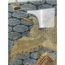 Early 20th century Chinese silk work tapestry, depicting a crane flying over a river, H30cm 