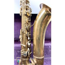 Brass tenor saxophone by Adolphe SAX, 84 Rue Myrha, Paris,  No.938 serial number 12097, H75cm excluding crook; in hard carrying case bearing plaque for Henri Selmer