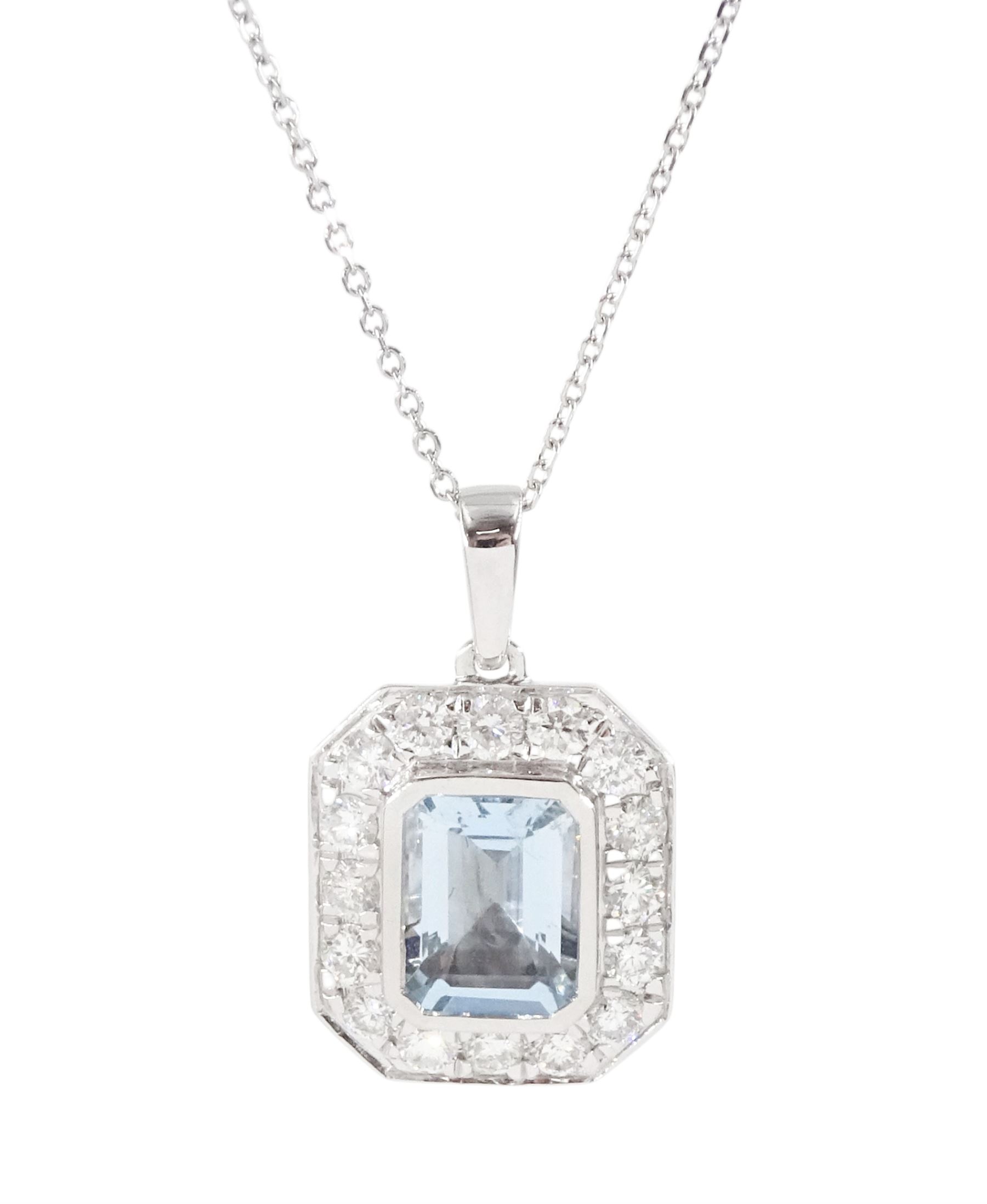 18ct white gold emerald cut aquamarine and round brilliant cut diamond pendant necklace, stamped, aquamarine approx 2.00 carat, total diamond weight approx 0.90 carat