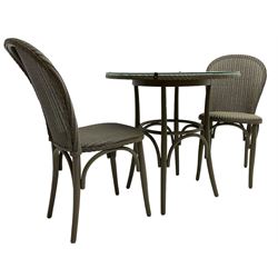 Lloyd Loom - three-piece grey painted wickerwork bistro set, circular glass top table (D76cm, H76cm); and pair matching side chairs 