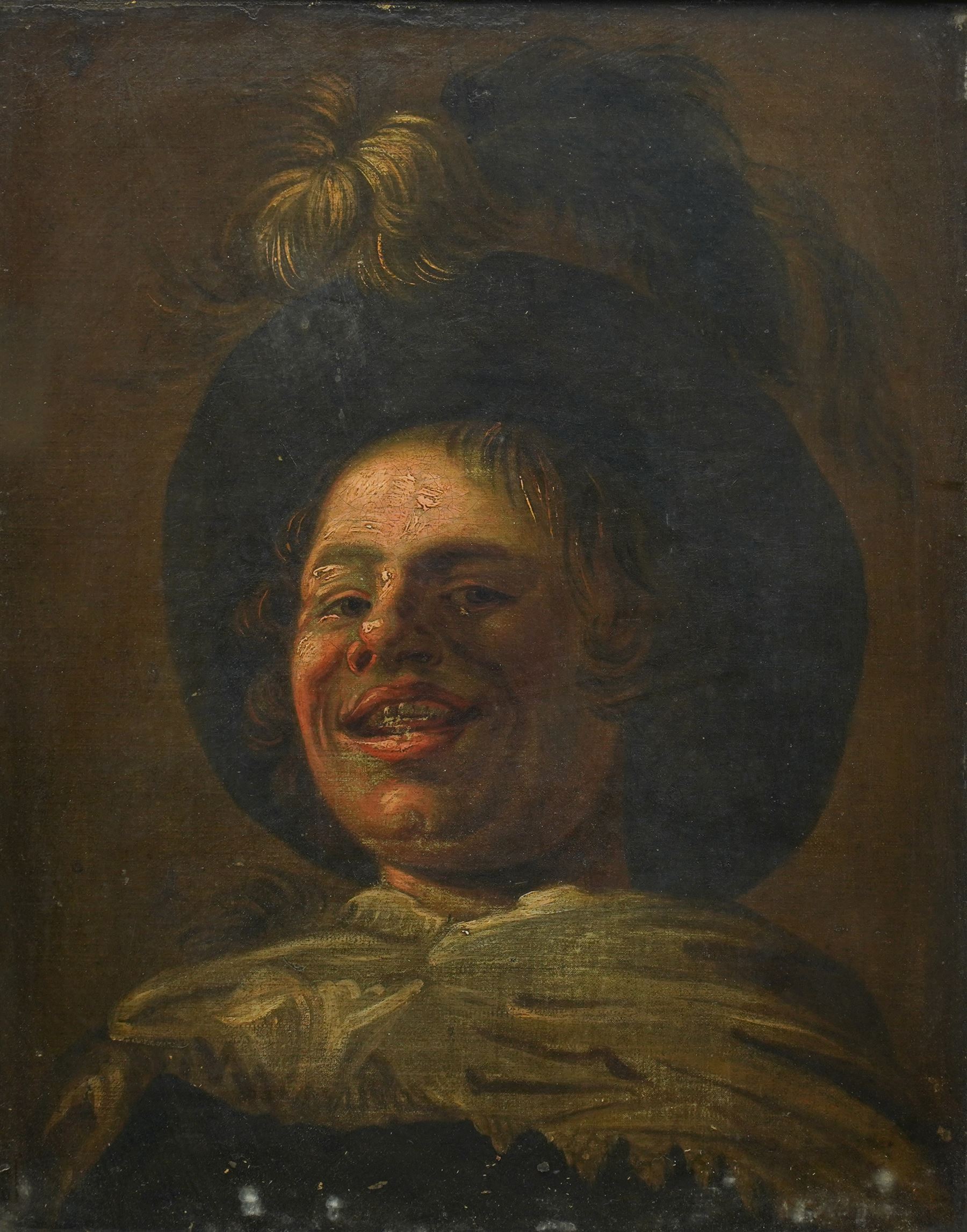 Follower of Frans Hals (Dutch c.1580-1666): Head and Shoulders Portrait of a Laughing Boy in Cavalier Hat, 18th century oil on canvas unsigned 53cm x 42cm